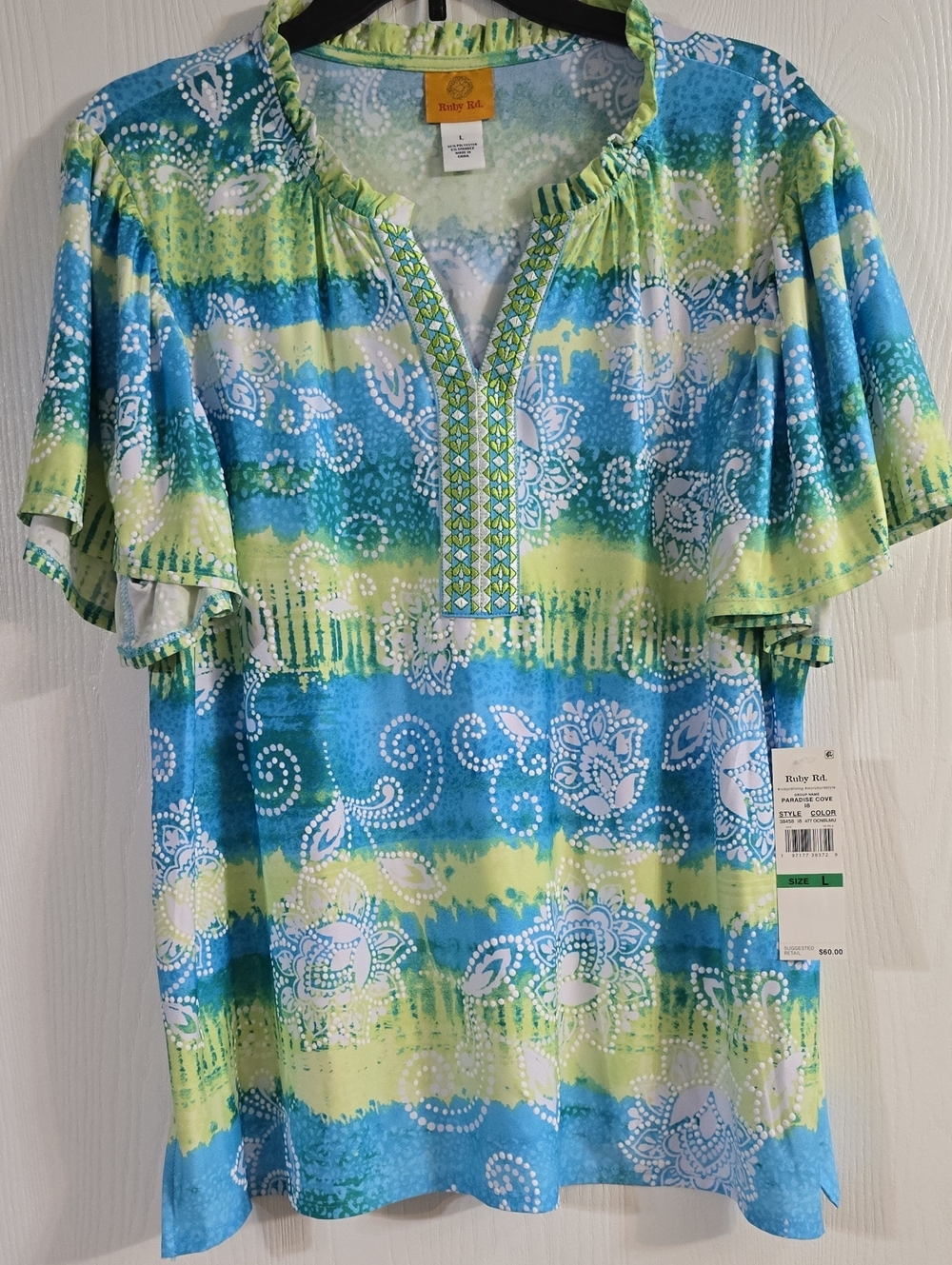 Ruby Rd. Blue & Green Paisley-Print Flutter Sleeve Tunic